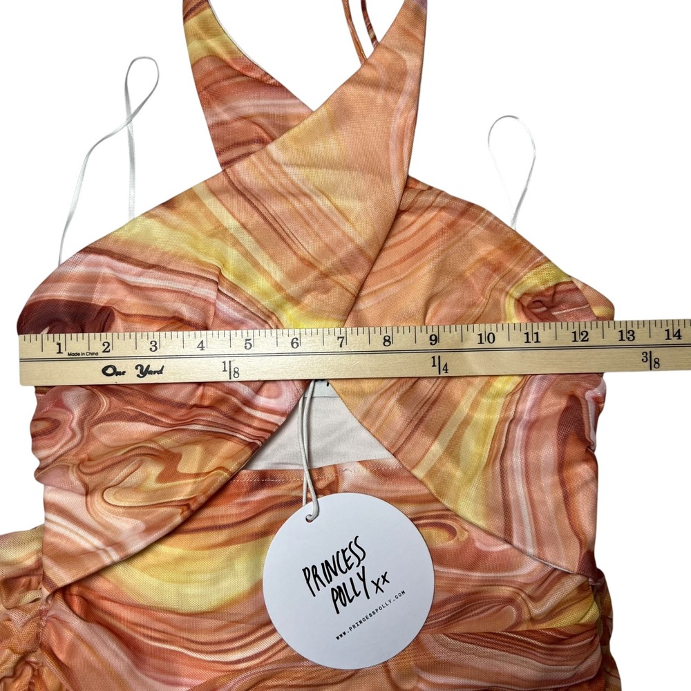 Princess Polly NWT Marble‎ Mesh Ruched Halter Mini Dress Cutout Orange Womens 2 - Picture 4 of 7